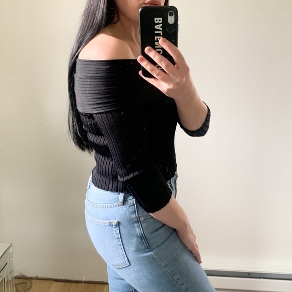 Zara Knit Black Off the shoulder Ribbed Cropped 3/4 Sleeve Top Small - Picture 2 of 10